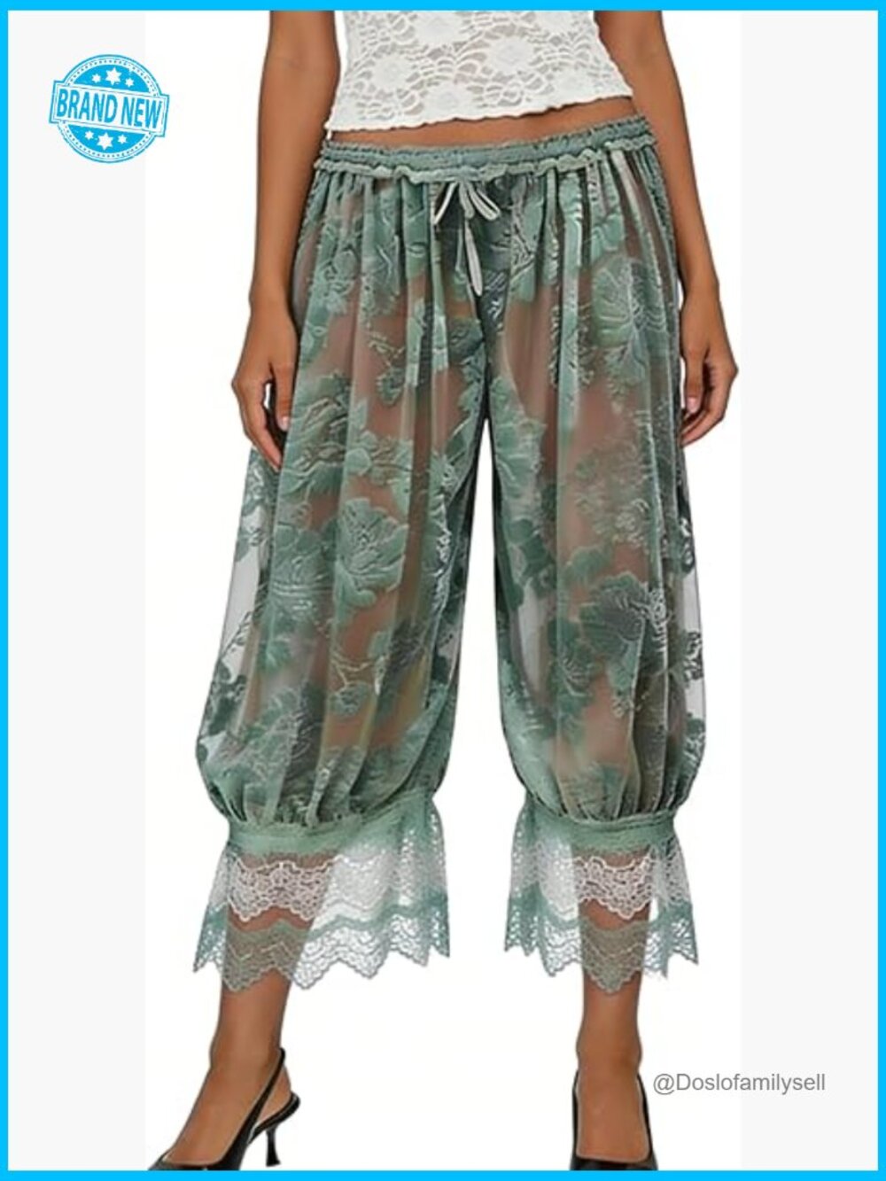 Lace Trim Long Bloomers Mid Rise Ruffle Cropped Flare Pantaloons Pajama Bottoms